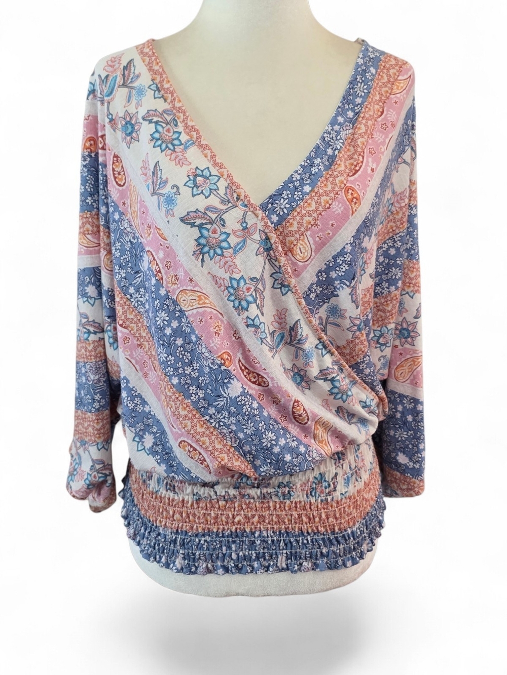 143 Story By Line Up Women's Floral Mixed-Stripe Surplice Blouse - Pink & Blue